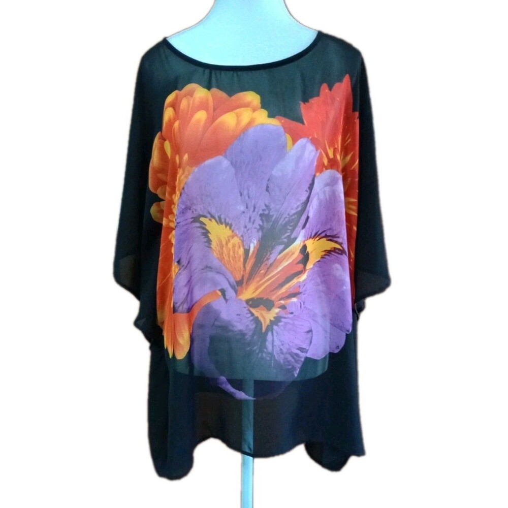 Susan Graver Black Floral Sheer Poncho Blouse Coverup Size M Purple Red Flowers